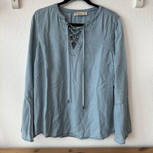 Michael Kors Lace Up Chain Blouse Top Denim Blue Size L
